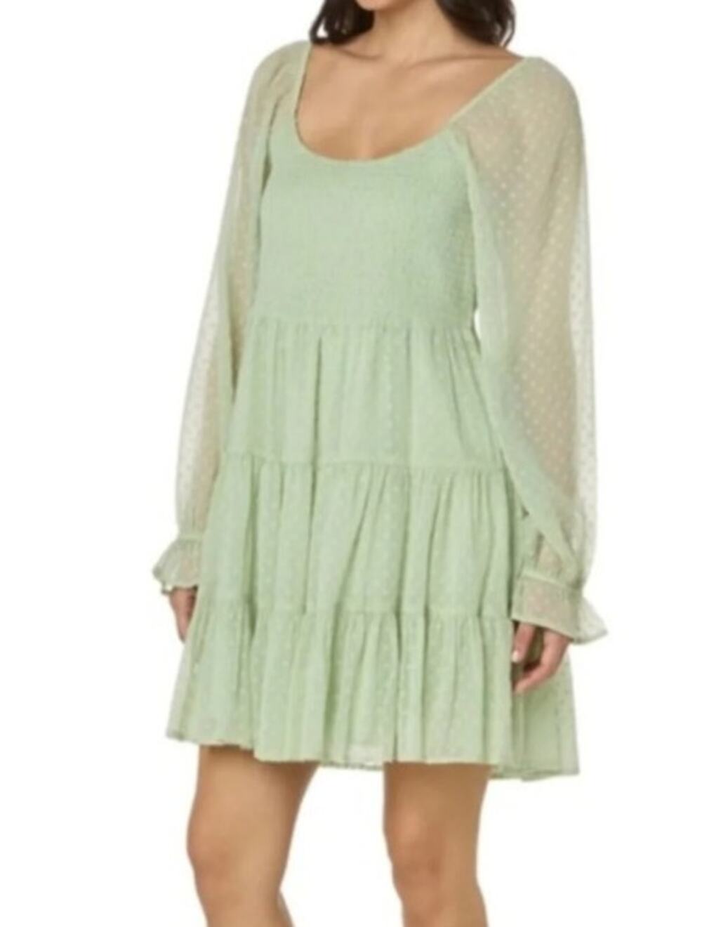 Patrons Of Peace Swiss Dot Tiered Mini Dress Smocked Size L NWT Laurel Green